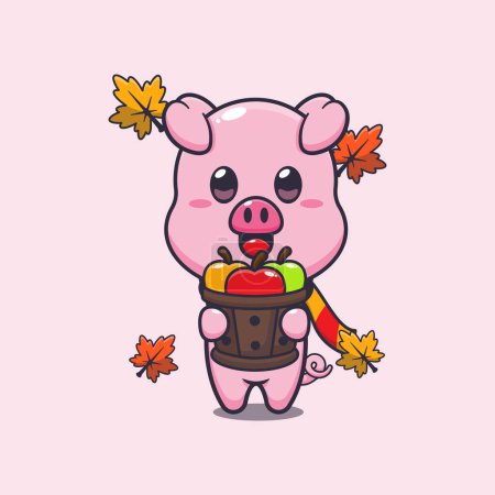 Illustration for Cute pig holding a apple in wood bucket. Mascot cartoon vector illustration suitable for poster, brochure, web, mascot, sticker, logo and icon. - Royalty Free Image