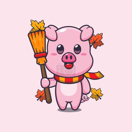 Illustration for Cute autumn pig holding broom. Mascot cartoon vector illustration suitable for poster, brochure, web, mascot, sticker, logo and icon. - Royalty Free Image