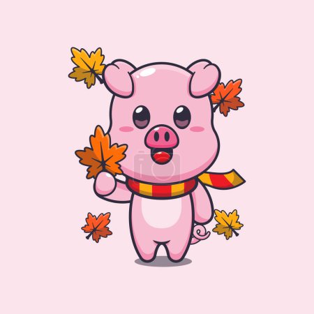 Illustration for Cute pig holding autumn leaf. Mascot cartoon vector illustration suitable for poster, brochure, web, mascot, sticker, logo and icon. - Royalty Free Image