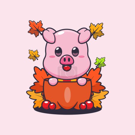 Illustration for Cute pig in a pumpkin at autumn season. Mascot cartoon vector illustration suitable for poster, brochure, web, mascot, sticker, logo and icon. - Royalty Free Image