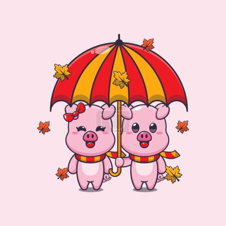 Illustration for Cute couple pig with umbrella at autumn season. Mascot cartoon vector illustration suitable for poster, brochure, web, mascot, sticker, logo and icon. - Royalty Free Image