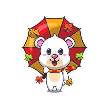 Illustration for Cute polar bear with umbrella at autumn season. Mascot cartoon vector illustration suitable for poster, brochure, web, mascot, sticker, logo and icon. - Royalty Free Image