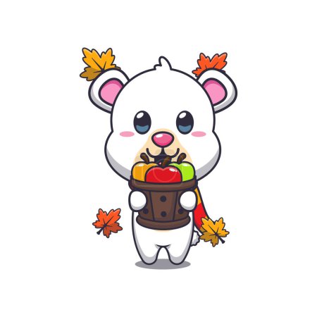 Illustration for Cute polar bear holding a apple in wood bucket. Mascot cartoon vector illustration suitable for poster, brochure, web, mascot, sticker, logo and icon. - Royalty Free Image