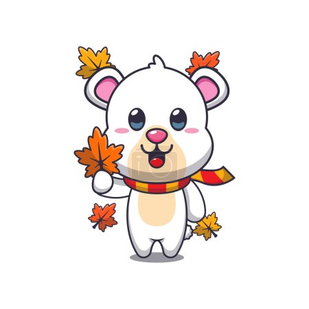 Téléchargez les illustrations : Mignon ours polaire tenant feuille d'automne. Illustration vectorielle de dessin animé mascotte adaptée à l'affiche, brochure, web, mascotte, autocollant, logo et icône. - en licence libre de droit