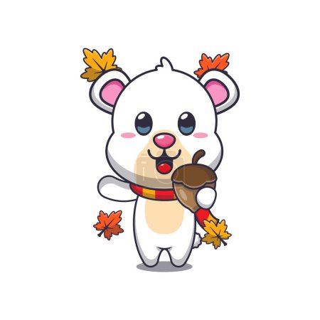 Illustration for Cute polar bear with acorns at autumn season. Mascot cartoon vector illustration suitable for poster, brochure, web, mascot, sticker, logo and icon. - Royalty Free Image