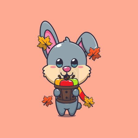 Illustration for Cute rabbit holding a apple in wood bucket. Mascot cartoon vector illustration suitable for poster, brochure, web, mascot, sticker, logo and icon. - Royalty Free Image