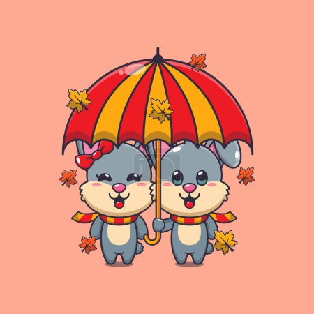 Illustration for Cute couple rabbit with umbrella at autumn season. Mascot cartoon vector illustration suitable for poster, brochure, web, mascot, sticker, logo and icon. - Royalty Free Image