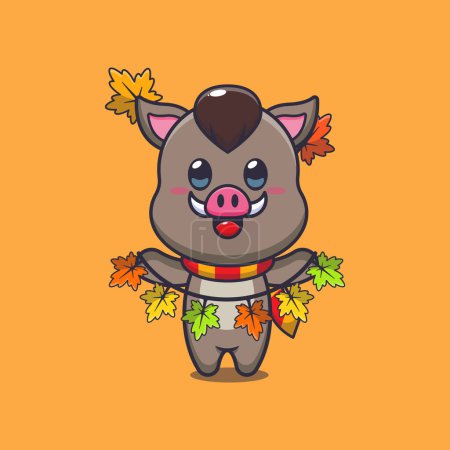 Illustration for Cute boar with autumn leaf decoration. Mascot cartoon vector illustration suitable for poster, brochure, web, mascot, sticker, logo and icon. - Royalty Free Image