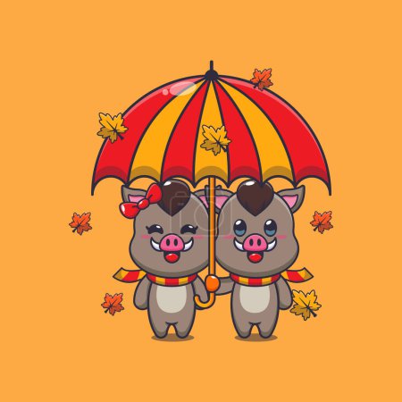 Téléchargez les illustrations : Joli couple sanglier avec parapluie à l'automne. Illustration vectorielle de dessin animé mascotte adaptée à l'affiche, brochure, web, mascotte, autocollant, logo et icône. - en licence libre de droit