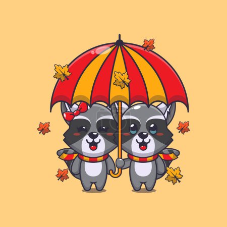 Illustration for Cute couple raccoon with umbrella at autumn season. Mascot cartoon vector illustration suitable for poster, brochure, web, mascot, sticker, logo and icon. - Royalty Free Image