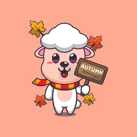 Illustration for Cute sheep with autumn sign board. Mascot cartoon vector illustration suitable for poster, brochure, web, mascot, sticker, logo and icon. - Royalty Free Image