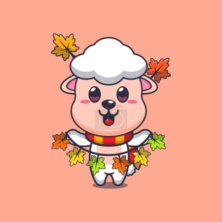 Illustration for Cute sheep with autumn leaf decoration. Mascot cartoon vector illustration suitable for poster, brochure, web, mascot, sticker, logo and icon. - Royalty Free Image