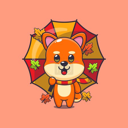 Téléchargez les illustrations : Mignon shiba inu avec parapluie à l'automne. Illustration vectorielle de dessin animé mascotte adaptée à l'affiche, brochure, web, mascotte, autocollant, logo et icône. - en licence libre de droit