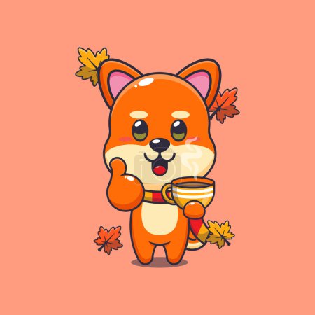 Ilustración de Lindo shiba inu con café en temporada de otoño. Ilustración de vectores de dibujos animados de mascotas adecuada para póster, folleto, web, mascota, pegatina, logotipo e icono. - Imagen libre de derechos