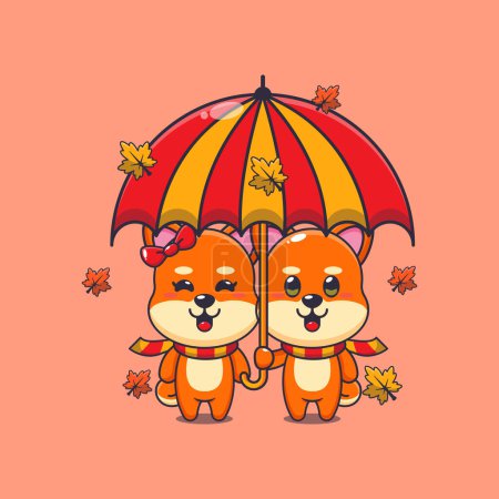 Illustration for Cute couple shiba inu with umbrella at autumn season. Mascot cartoon vector illustration suitable for poster, brochure, web, mascot, sticker, logo and icon. - Royalty Free Image
