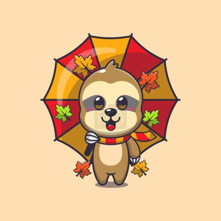 Illustration for Cute sloth with umbrella at autumn season. Mascot cartoon vector illustration suitable for poster, brochure, web, mascot, sticker, logo and icon. - Royalty Free Image
