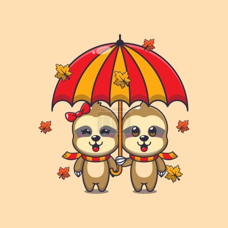 Nettes Paar Faultiere mit Regenschirm zur Herbstzeit. Maskottchen Cartoon Vektor Illustration geeignet für Poster, Broschüren, Web, Maskottchen, Aufkleber, Logo und Symbol.