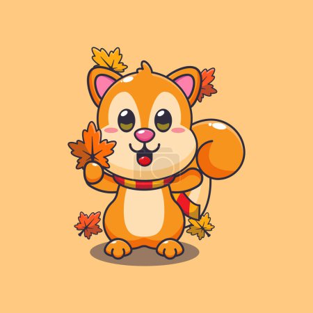 Téléchargez les illustrations : Joli écureuil tenant des feuilles d'automne. Illustration vectorielle de dessin animé mascotte adaptée à l'affiche, brochure, web, mascotte, autocollant, logo et icône. - en licence libre de droit