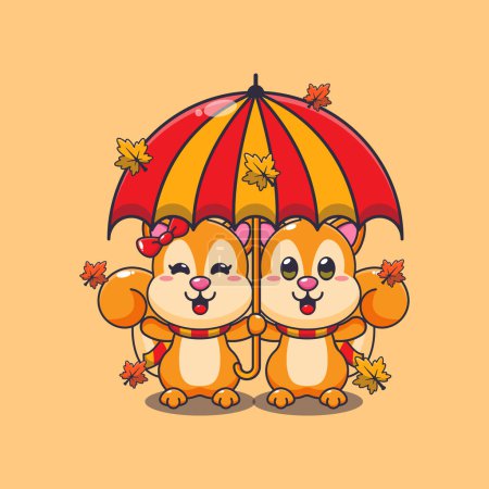 Téléchargez les illustrations : Joli couple d'écureuils avec parapluie à l'automne. Illustration vectorielle de dessin animé mascotte adaptée à l'affiche, brochure, web, mascotte, autocollant, logo et icône. - en licence libre de droit