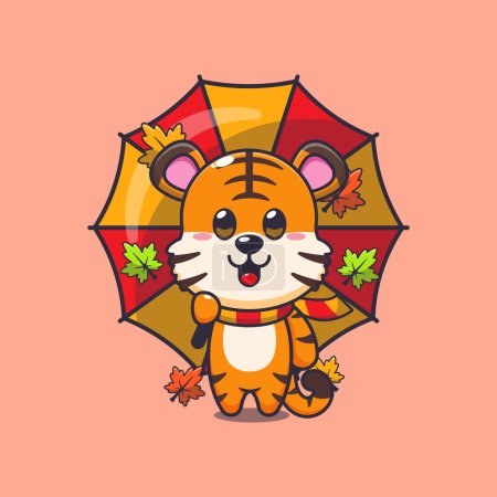 Illustration for Cute tiger with umbrella at autumn season. Mascot cartoon vector illustration suitable for poster, brochure, web, mascot, sticker, logo and icon. - Royalty Free Image