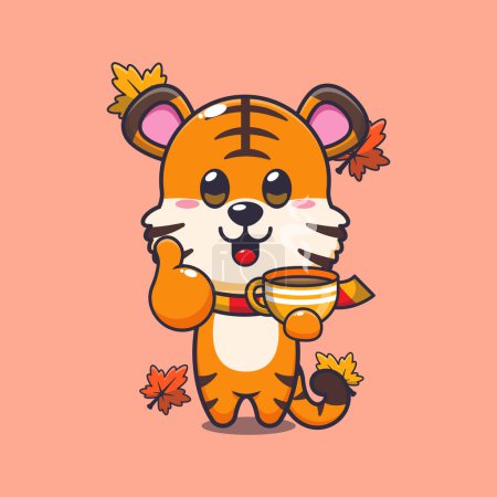 Illustration for Cute tiger with coffee in autumn season. Mascot cartoon vector illustration suitable for poster, brochure, web, mascot, sticker, logo and icon. - Royalty Free Image