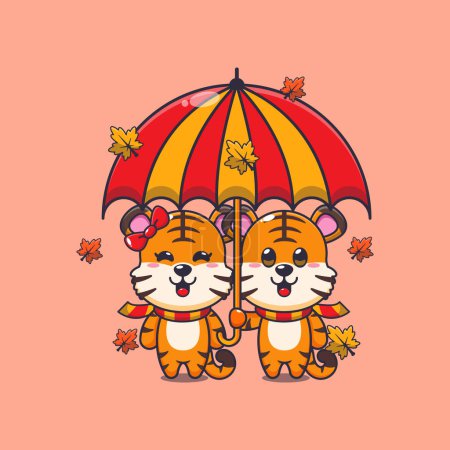 Illustration for Cute couple tiger with umbrella at autumn season. Mascot cartoon vector illustration suitable for poster, brochure, web, mascot, sticker, logo and icon. - Royalty Free Image
