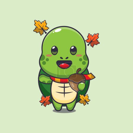 Illustration for Cute turtle with acorns at autumn season. Mascot cartoon vector illustration suitable for poster, brochure, web, mascot, sticker, logo and icon. - Royalty Free Image