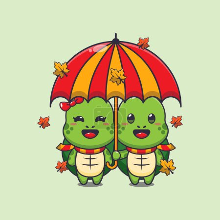Téléchargez les illustrations : Mignon couple tortue avec parapluie à la saison d'automne. Illustration vectorielle de dessin animé mascotte adaptée à l'affiche, brochure, web, mascotte, autocollant, logo et icône. - en licence libre de droit