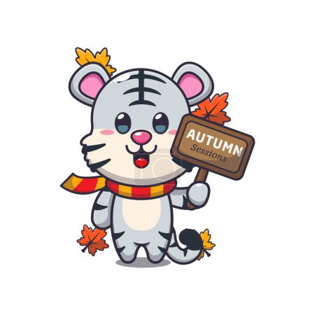 Illustration for Cute white tiger with autumn sign board. Mascot cartoon vector illustration suitable for poster, brochure, web, mascot, sticker, logo and icon. - Royalty Free Image