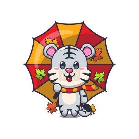 Ilustración de Lindo tigre blanco con paraguas en la temporada de otoño. Ilustración de vectores de dibujos animados de mascotas adecuada para póster, folleto, web, mascota, pegatina, logotipo e icono. - Imagen libre de derechos