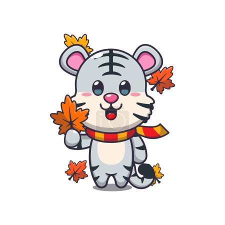 Illustration for Cute white tiger holding autumn leaf. Mascot cartoon vector illustration suitable for poster, brochure, web, mascot, sticker, logo and icon. - Royalty Free Image