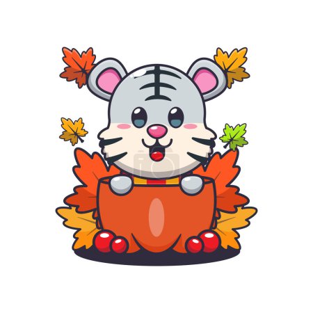 Illustration for Cute white tiger in a pumpkin at autumn season. Mascot cartoon vector illustration suitable for poster, brochure, web, mascot, sticker, logo and icon. - Royalty Free Image