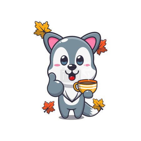 Illustration for Cute wolf with coffee in autumn season. Mascot cartoon vector illustration suitable for poster, brochure, web, mascot, sticker, logo and icon. - Royalty Free Image
