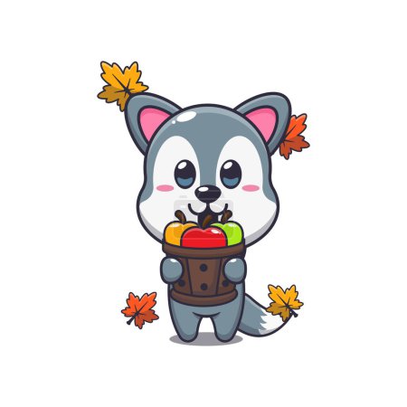 Illustration for Cute wolf holding a apple in wood bucket. Mascot cartoon vector illustration suitable for poster, brochure, web, mascot, sticker, logo and icon. - Royalty Free Image