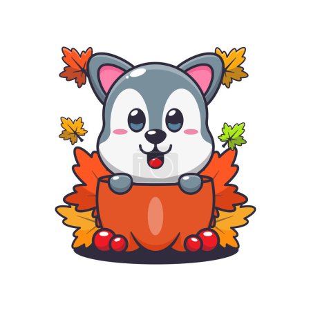 Illustration for Cute wolf in a pumpkin at autumn season. Mascot cartoon vector illustration suitable for poster, brochure, web, mascot, sticker, logo and icon. - Royalty Free Image