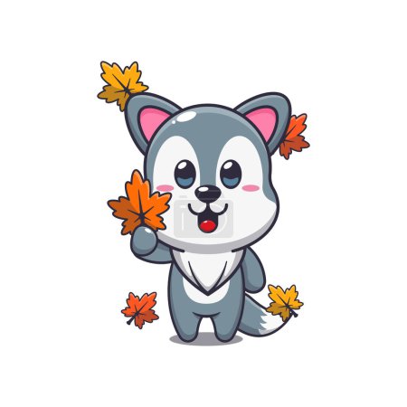Illustration for Cute wolf holding autumn leaf. Mascot cartoon vector illustration suitable for poster, brochure, web, mascot, sticker, logo and icon. - Royalty Free Image