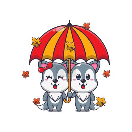 Illustration for Cute couple wolf with umbrella at autumn season. Mascot cartoon vector illustration suitable for poster, brochure, web, mascot, sticker, logo and icon. - Royalty Free Image