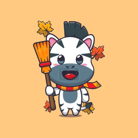 Illustration for Cute autumn zebra holding broom. Mascot cartoon vector illustration suitable for poster, brochure, web, mascot, sticker, logo and icon. - Royalty Free Image