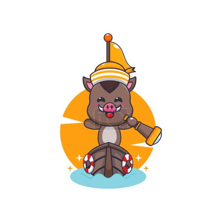 Cute boar mascot cartoon character on the boat. Vector cartoon Illustration suitable for poster, brochure, web, mascot, sticker, logo and icon.