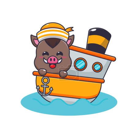 Cute boar mascot cartoon character on the ship. Vector cartoon Illustration suitable for poster, brochure, web, mascot, sticker, logo and icon.