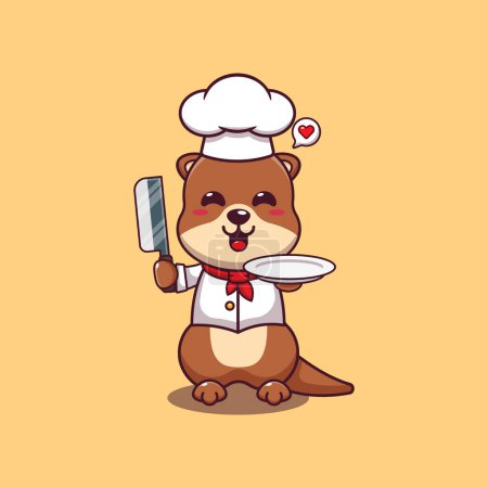 Lindo chef nutria con cuchillo y placa ilustración vector de dibujos animados