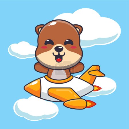Linda mascota de nutria paseo personaje de dibujos animados en avión jet