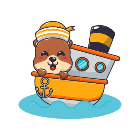 Linda mascota de nutria personaje de dibujos animados en el barco