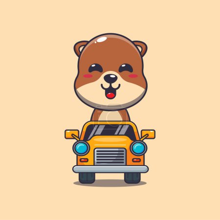 Linda mascota de nutria paseo personaje de dibujos animados en coche