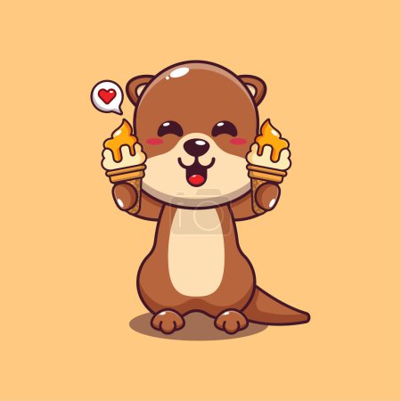 Cute otter with ice cream cartoon vector illustration.