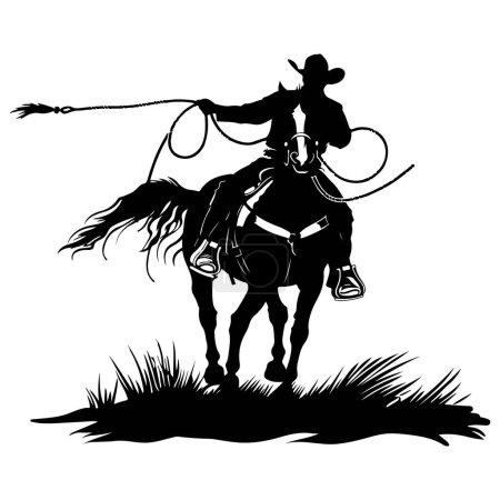 Illustration for Cowboy silhouette with rope lasso on horse art - Royalty Free Image
