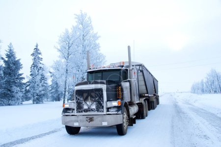 Semirremolque está estacionado en el camino de campo helado en un día de invierno brumoso, paisaje blanco y árboles cubiertos de nieve en el fondo.
