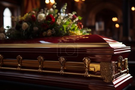 Téléchargez les photos : Dans une grande église, saisissez la beauté d'un cercueil magnifiquement orné entouré d'une abondance de fleurs vibrantes et de bougies scintillantes - en image libre de droit