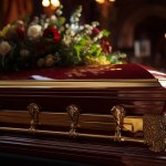 In a grand church, capture the beauty of an exquisitely adorned coffin surrounded by an abundance of vibrant flowers and flickering candles