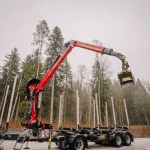 Harvester felling head detail. Forestry vehicle in off road. Crane arm, pressure hosepipes and grapple. Hydraulic drive. Trunks heap. Bark beetle calamity. Deforest, environment.